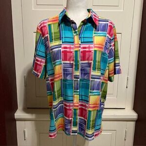 Alfred Dunner Size 12 Multicolor Checkered Plaid Short Sleeve Blouse Top Rainbow